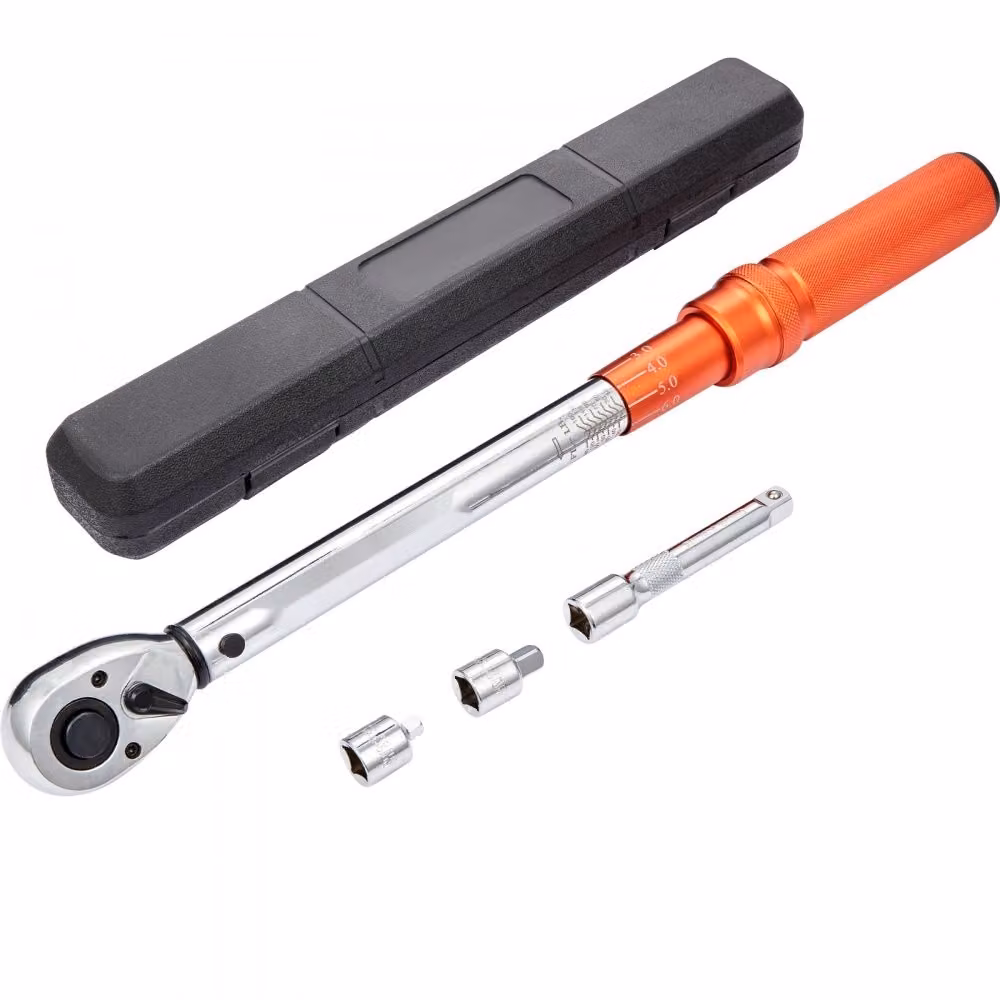 Set di chiavi dinamometriche 1/2" - 14-204 Nm - bicicletta e moto - precisione di errore ± 3 % - barra di estensione 127 mm - adattatore 1/2-3/8" e 1/2-1/4" - testa a cricchetto 72 denti.