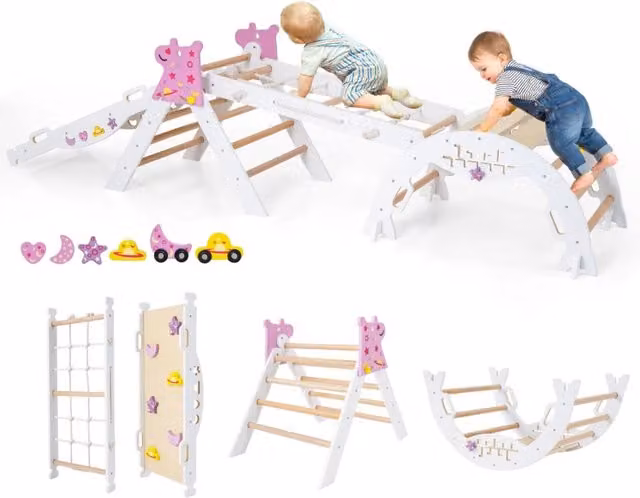 Set di arrampicata pieghevole Design Mania per bambini con tunnel e scivolo in legno, colore bianco