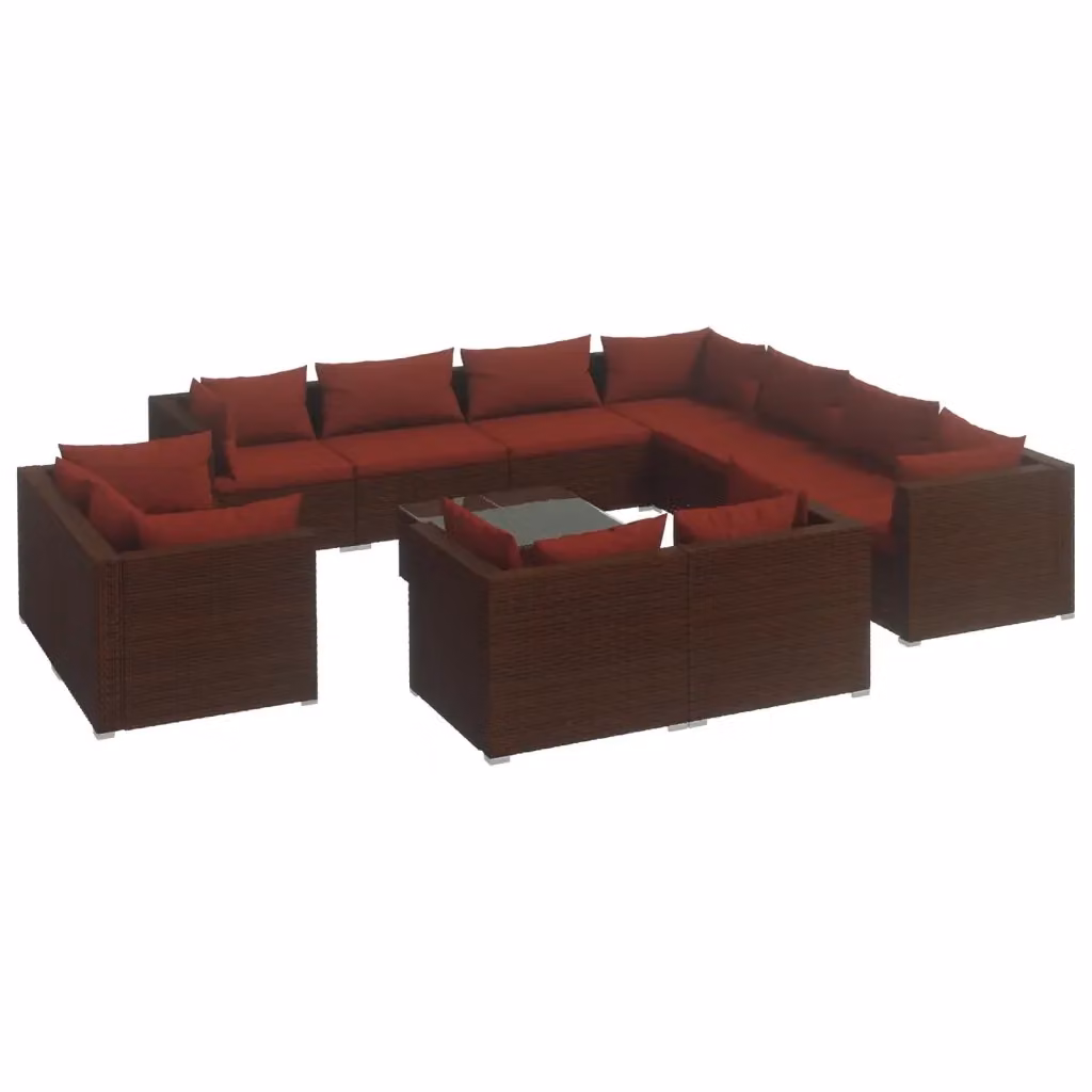 Set di Divani da Giardino vidaXL a Forma di U con Tavolino da Caffè e Cuscini, Colore Marrone e Rosso – 2