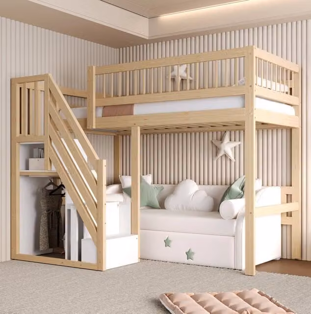 Letto a soppalco 90x200 cm con scala contenitore in legno colore naturale