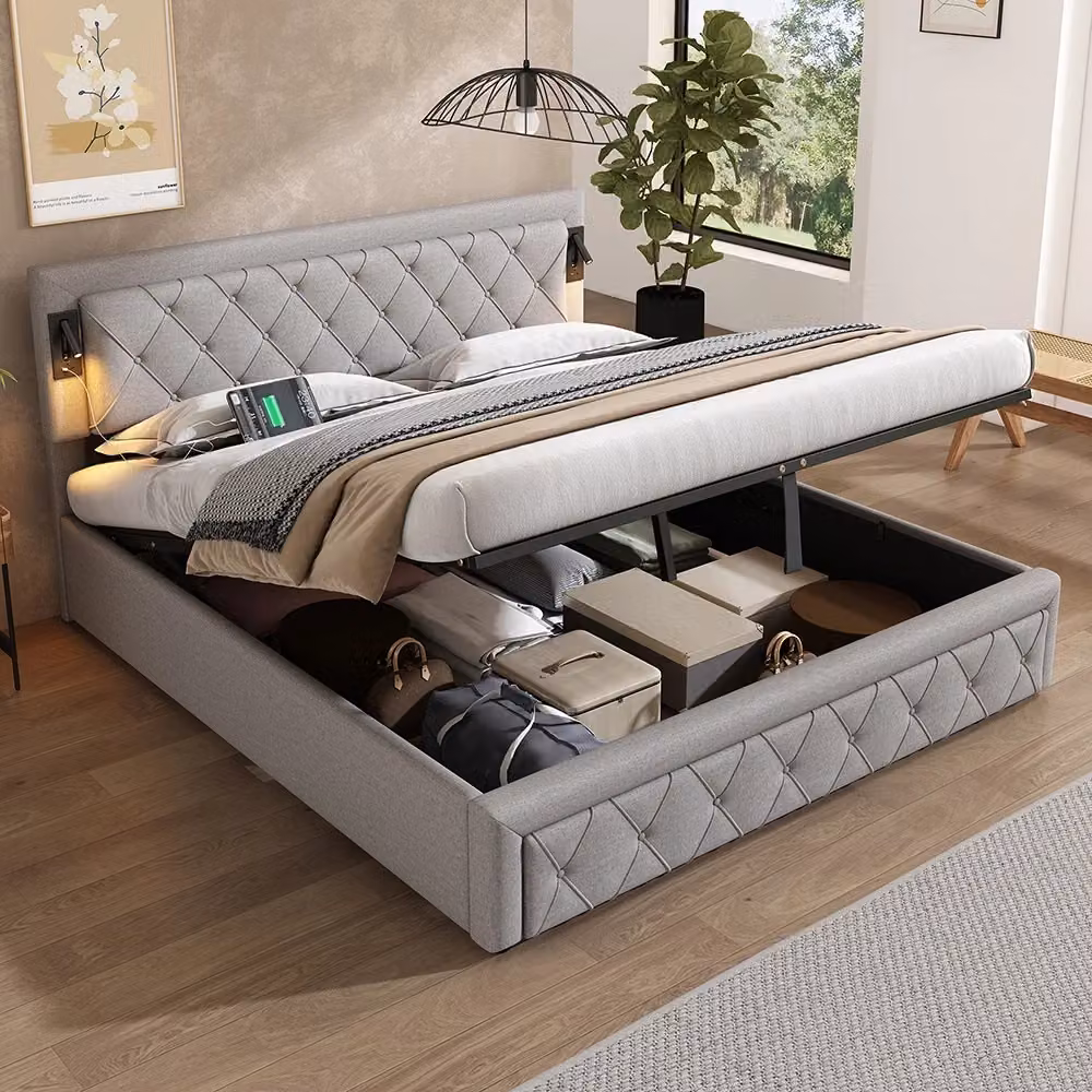 Letto imbottito Xylo con contenitore, luce LED e porta USB, Grigio, 180x200 cm – 2
