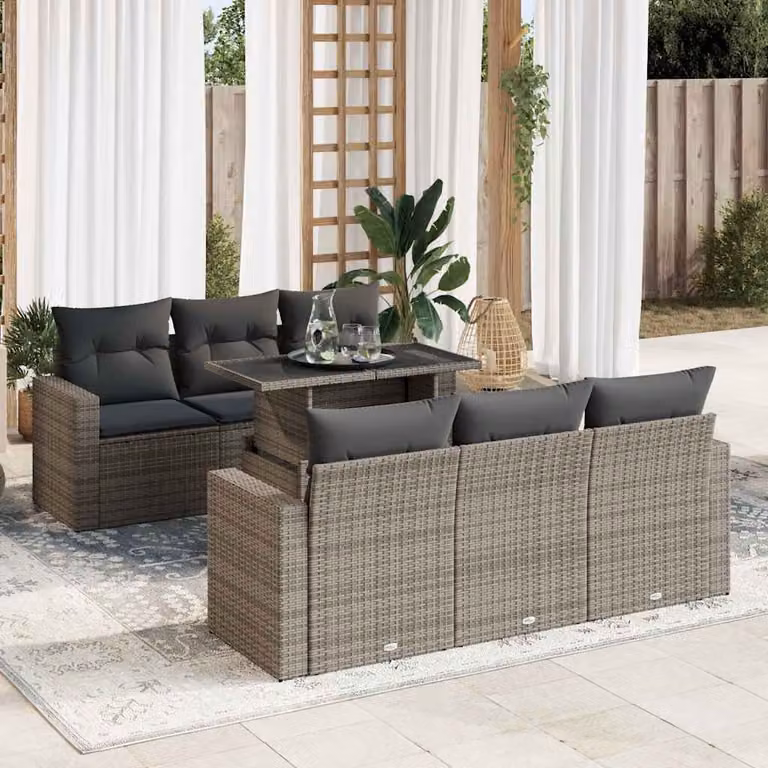 Set di divani da giardino vidaXL in polyrattan grigio con cuscini, tavolino e struttura in metallo, composizione a L per 7 persone