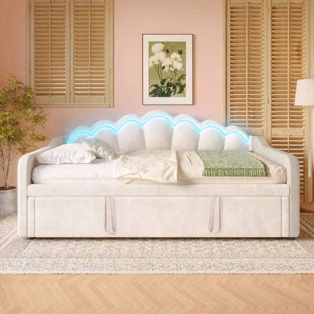Meridian estraibile 90x200 cm convertibile 180x200 cm; divano letto LED multicolore; velluto; letto singolo e matrimoniale senza materasso; beige
