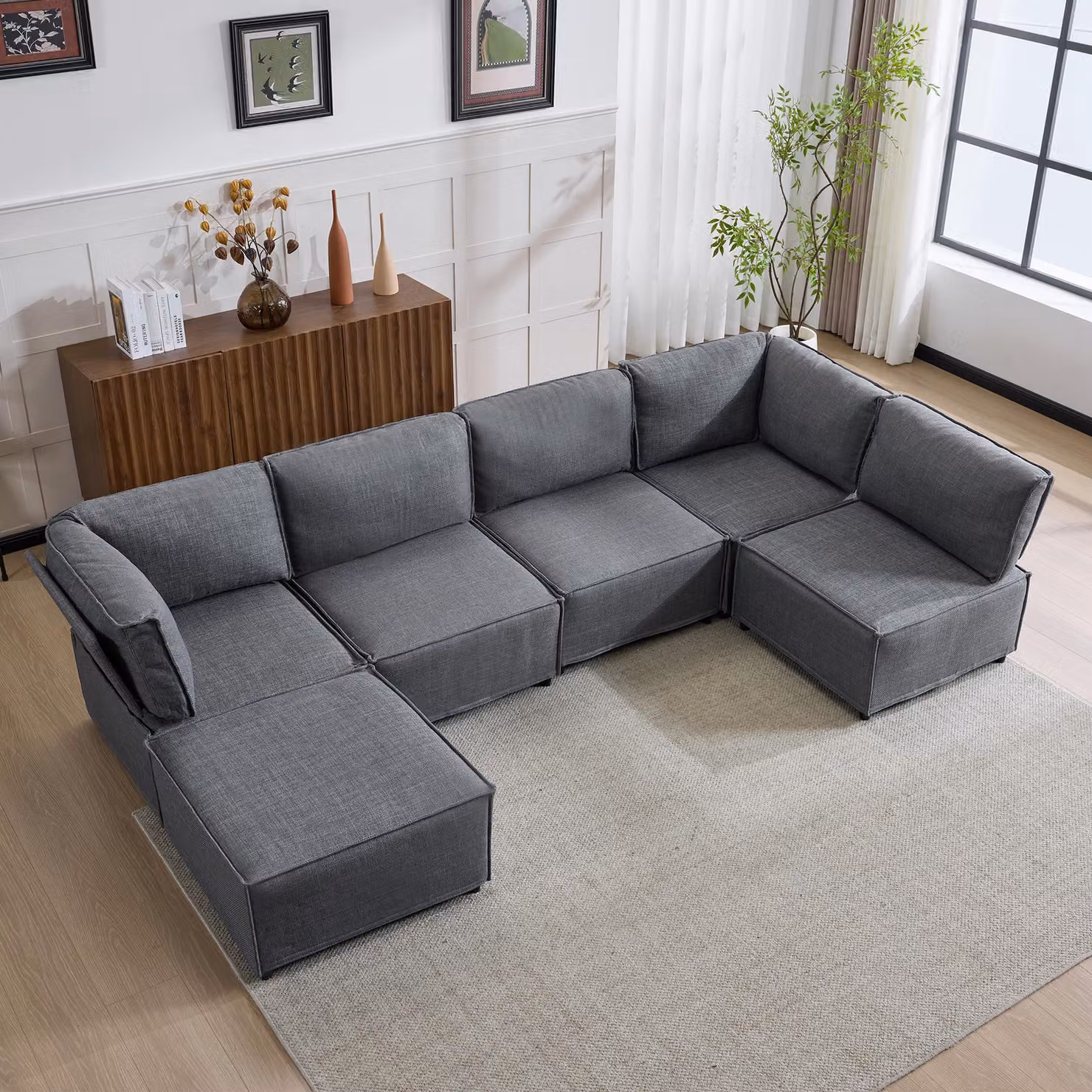 Divano Modulare Modfu, 6 Posti, A Forma Di "L", Divano Relax Con Pouf, Mobili Tessili In Lino, Design Moderno, Grigio Scuro
