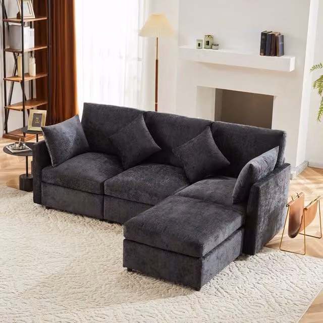 Divano angolare a L WISHDOR in velluto grigio con pouf e cuscini, reversibile e moderno per il tuo soggiorno, L 216 x P 161 x H 81 cm