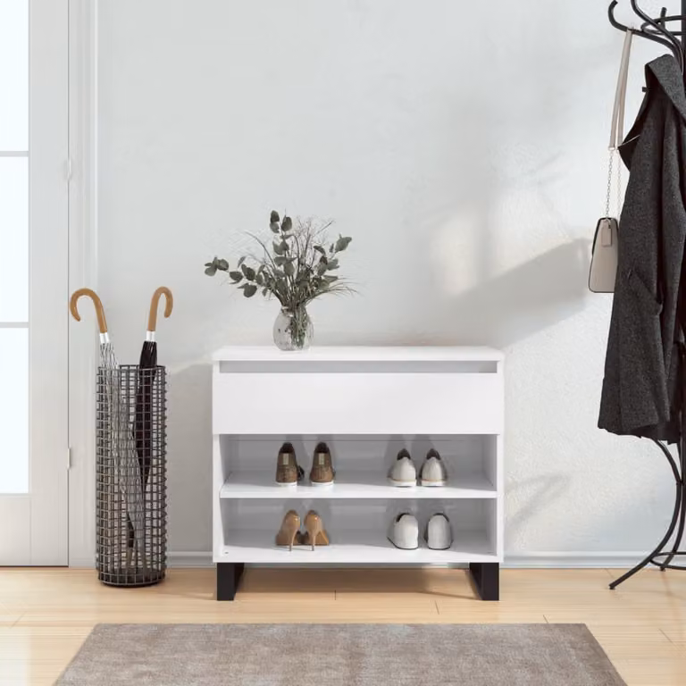 Scarpiera moderna vidaXL Bianco Lucido con ripiani, sospesa a parete, L: 70 cm, P: 36 cm, H: 60 cm