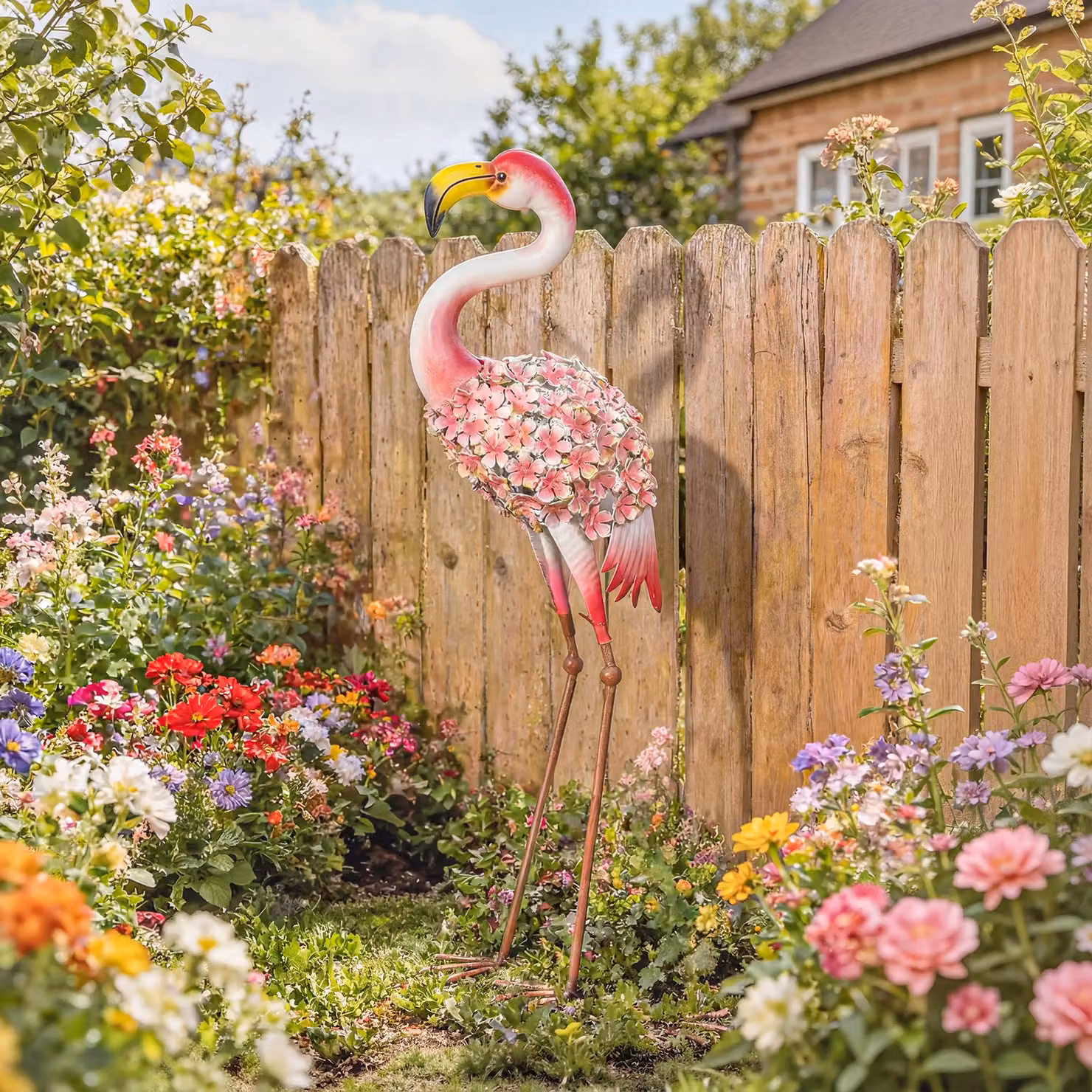 Statua da Giardino Outsunny con Fenicottero in Metallo e Decorazioni Floreali, Colore Rosso, H 83 cm x L 28 cm x P 19 cm – 2