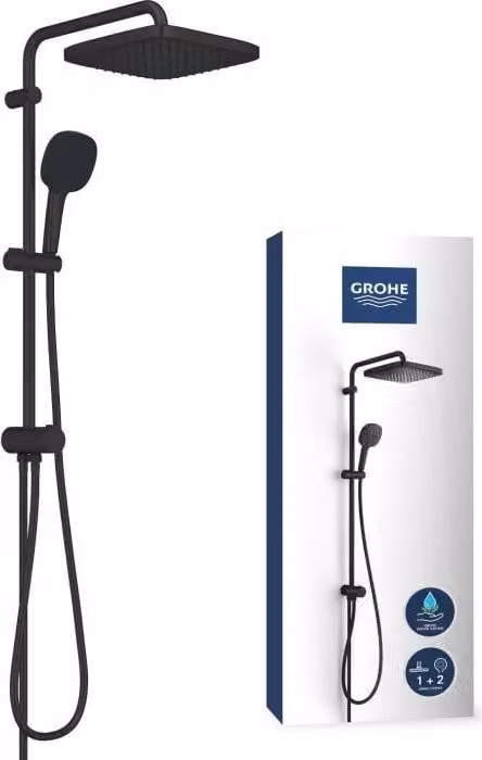 Colonna doccia GROHE Vitalio Comfort 250, nero opaco, deviatore manuale, risparmio idrico, soffione da 25 cm, tubo flessibile da 1,25 m