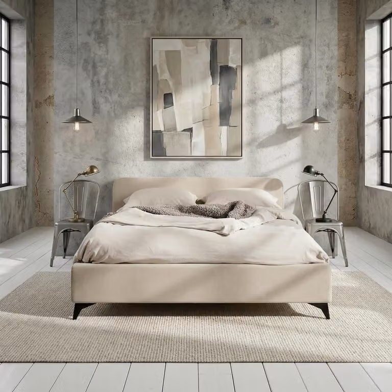 Letto imbottito VIRETTA 140x200 in bianco - Letto matrimoniale con rete a doghe e rivestimento in tessuto ciniglia. Letto dal design moderno con robusto telaio in legno e gambe in metallo.