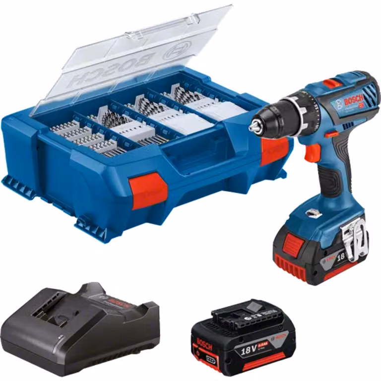 Bosch Powertools Bosch Professional Cordless Drill GSR 18V-28 Professional, 18 Volt blue/black, 2x Li-ion batteries 3.0Ah, 82-piece accessory set