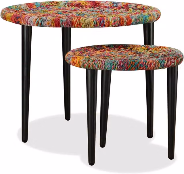Set di 2 tavolini da salotto rotondi vidaXL con dettagli etnici multicolore e struttura in metallo