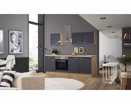 Mobile cucina con elettrodomestici Flex Well Tiago 210 cm colore frontale grigio basalto opaco colore mobile san remo rovere chiaro