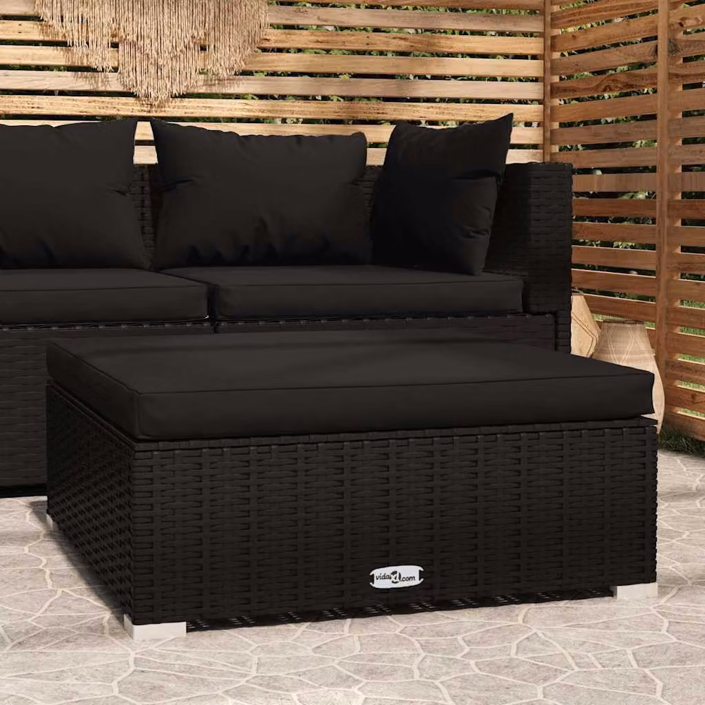 Poggiapiedi da giardino vidaXL in polyrattan nero con cuscino, L 70 x P 70 x H 30 cm