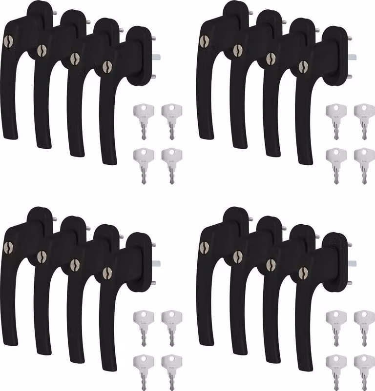16 x maniglia per finestra in alluminio nero RAL 9005 con serratura - lunghezza perno 45 mm