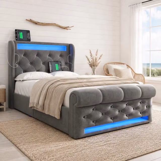 Letto contenitore Mivray in velluto grigio con illuminazione LED e porte di ricarica USB e Type-C, L/P/H: 90 x 200 x 110 cm – 1