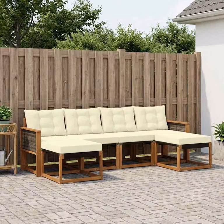 vidaXL Set di divani da esterno a L composto da 6 pezzi in legno di acacia con cuscini beige e bianco