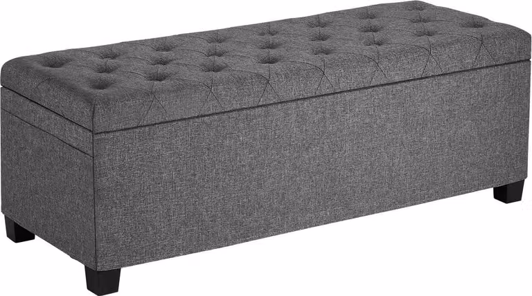 Panca contenitore, panca con bottoni trapuntati per il fondo del letto con tasche laterali, cassapanca imbottita ribaltabile con struttura in metallo, pouf in lino per soggiorno, camera da letto, ingresso, ufficio, grigio