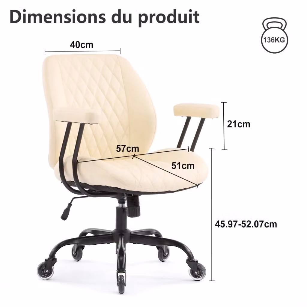 Sedia da ufficio girevole Minimal in ecopelle beige con braccioli e ruote per casa e ufficio L/P/H: 62,0 x 50,8 x 96,0 cm – 2