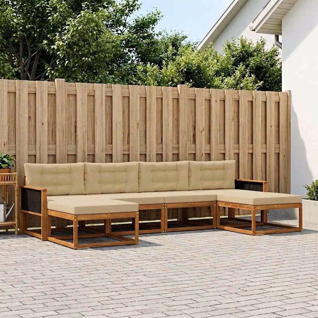 Set di divani da esterno vidaXL a forma di L in legno di acacia con cuscini, 6 pezzi, Beige e Marrone