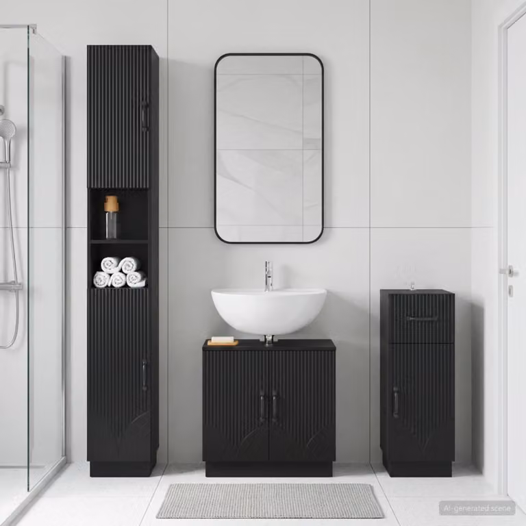 Set di mobili da bagno vidaXL HOORN in 3 pezzi nero opaco con base lavabo, colonna alta e mobile laterale