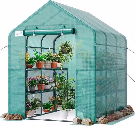Serra XXL a 3 Livelli 18 Scomparti Copertura PE con Cerniera Copertura di Pianta Resistente al Tempo e Protezione UV con Ancore di Fondazione e Funis per Giardino Esterno 195 x 214 x 143 cm Verde