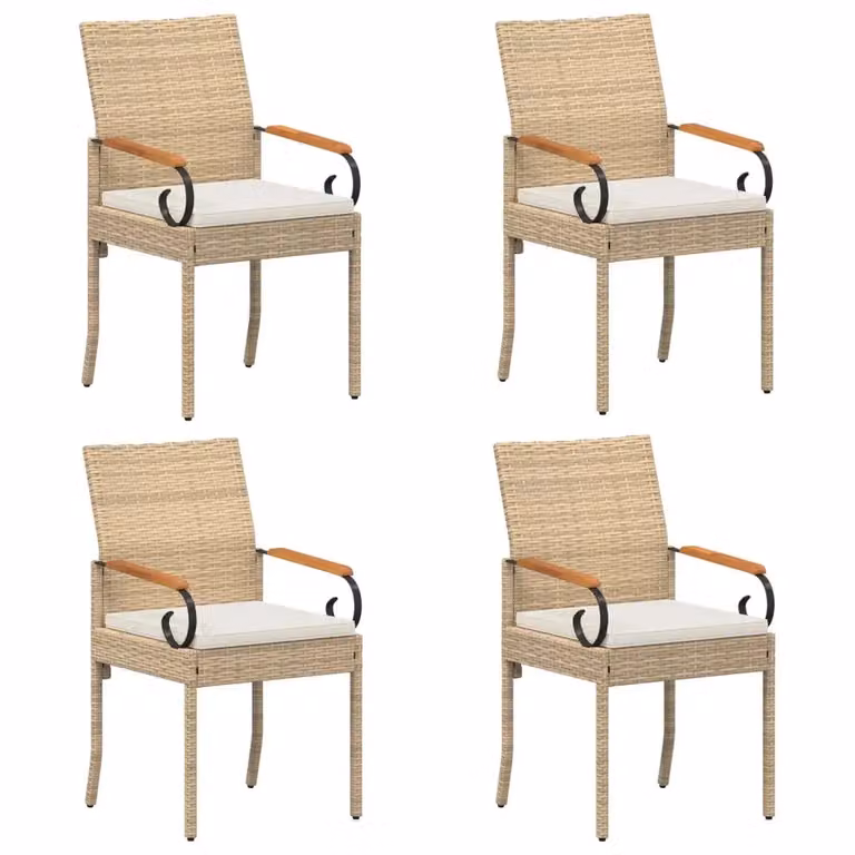 Set di 4 sedie da giardino vidaXL in polyrattan e legno di acacia con cuscini beige e bianco crema