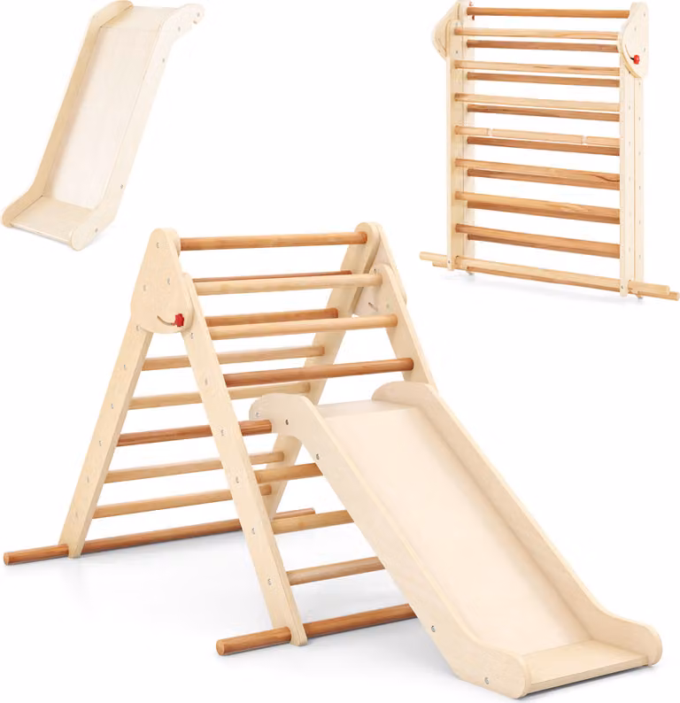 COSTWAY triangolo di arrampicata, 3 in 1 struttura di arrampicata per interni pieghevole, triangolo di arrampicata in legno per lo scivolamento per bambini da 1 anno natura