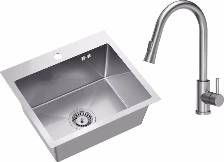 VBChome Lavello in acciaio inox con rubinetteria 50 x 45 cm Acciaio inox spazzolato Lavello da incasso con foro per rubinetto Lavello da cucina in acciaio inox Lavello Grande vasca Set di scarico Sifone Lavello in acciaio inox spazzolato con rubinetteria