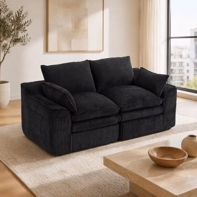 Divano 2 posti in corduroy nero con tasche laterali; 191 x 94 x 85 cm