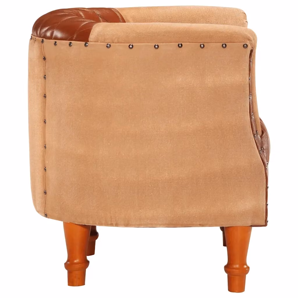 Poltrona a Pozzetto vidaXL in Vera Pelle Marrone e Legno di Mango con Braccioli – 2