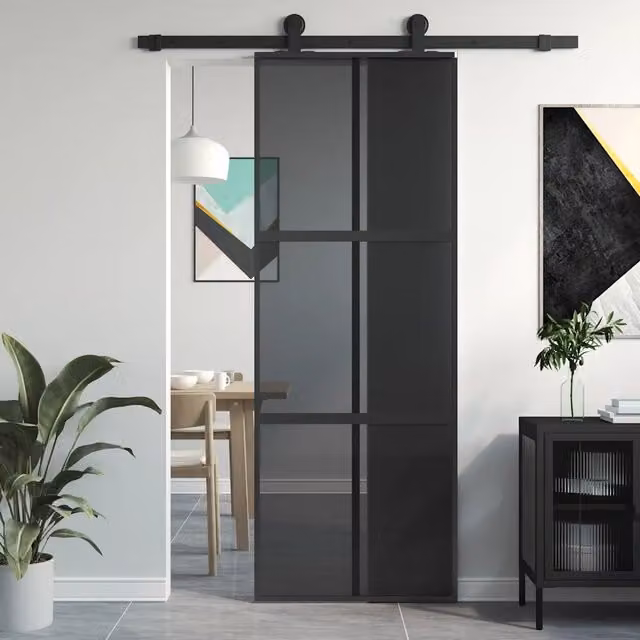Porta Scorrevole vidaXL in Vetro Temperato Trasparente e Alluminio Nero L: 76 cm, H: 205 cm