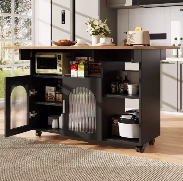 Isola da cucina ULEVR 120x70x79,5 cm pieghevole con ripiani e 5 ruote, nero e naturale
