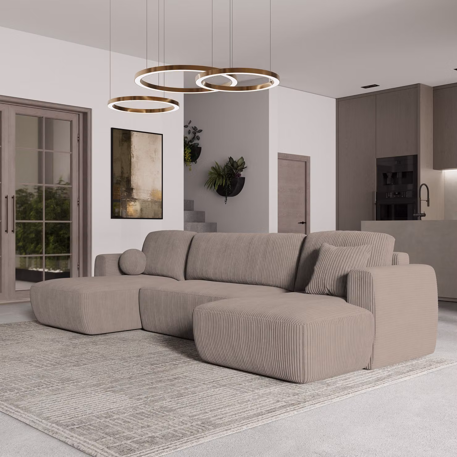 Divano angolare SENTUM P di Masseno con funzione letto a U, divano con box letto, divano da soggiorno, divano, divano letto, set di divani - beige, POSO 02