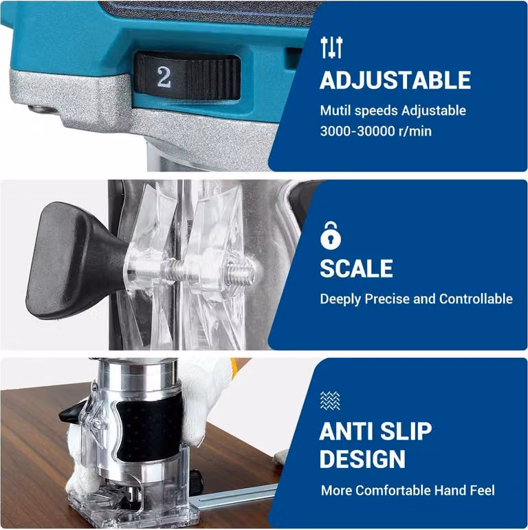 Fresatrice elettrica multifunzione - Rifinitrice per bordi - 6 velocità, 440W - 30000 giri/minuto, motore brushless - Mandrino di serraggio da 6,35 mm - Compatibile con sistema di batterie da 18V - Senza batteria