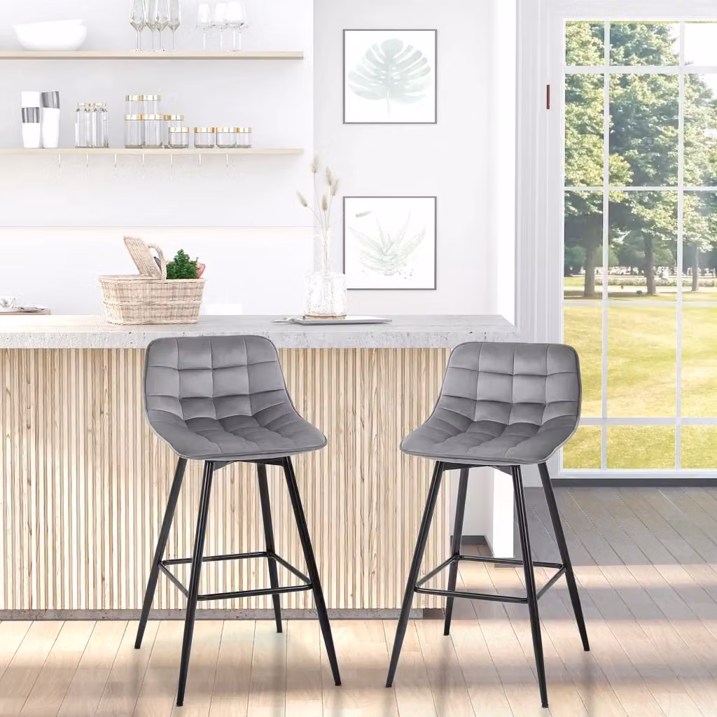 Set di 2 Sgabelli da Bar EasyComfort con Sedute Imbottite in Velluto Grigio e Stile Nordico, L/P/H: 45 x 47 x 88 cm – 2
