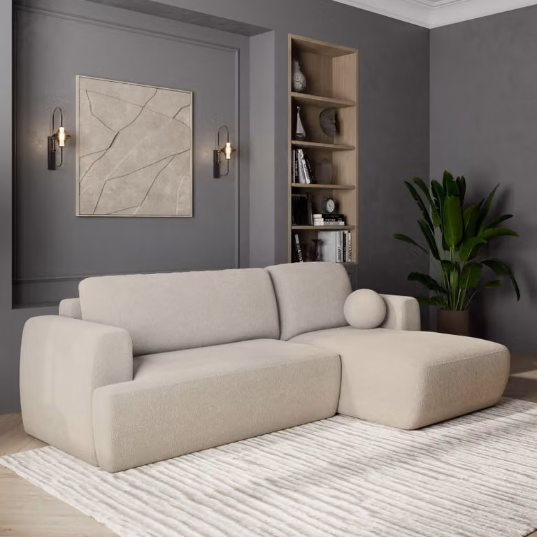 Divano angolare Masseno SENTI N R-S con funzione letto a L, divano con box letto, divano da salotto, divano, divano letto, set divano crema, ORA O MAI PIÙ 02
