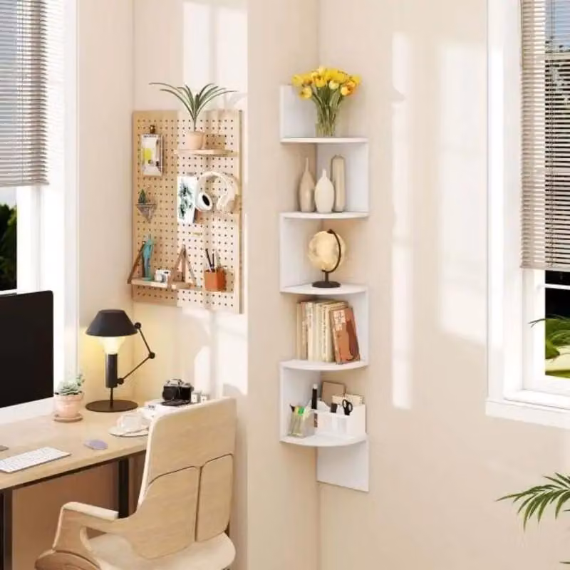 Mensola angolare a 5 ripiani, sospesa, per libri, da montare a parete, organizer, colore bianco