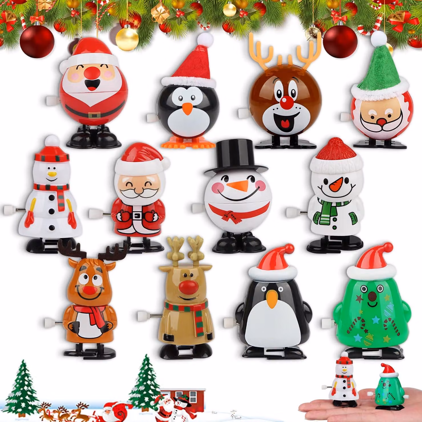 12 decorazioni a forma di pupazzo da appendere all'albero di Natale, raffiguranti un pupazzo di neve e Babbo Natale