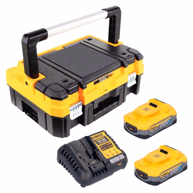Set di avviamento a batteria DeWalt DCB 1104 H2T da 18 V con 2 batterie Powerstack da 5,0 Ah + caricabatterie DCB 1104 + TSTAK