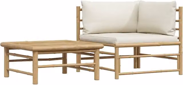 Set Divani da Giardino 2 pz | Set Salotto da Giardino con Cuscini Bianco Crema in Bamb¨´
