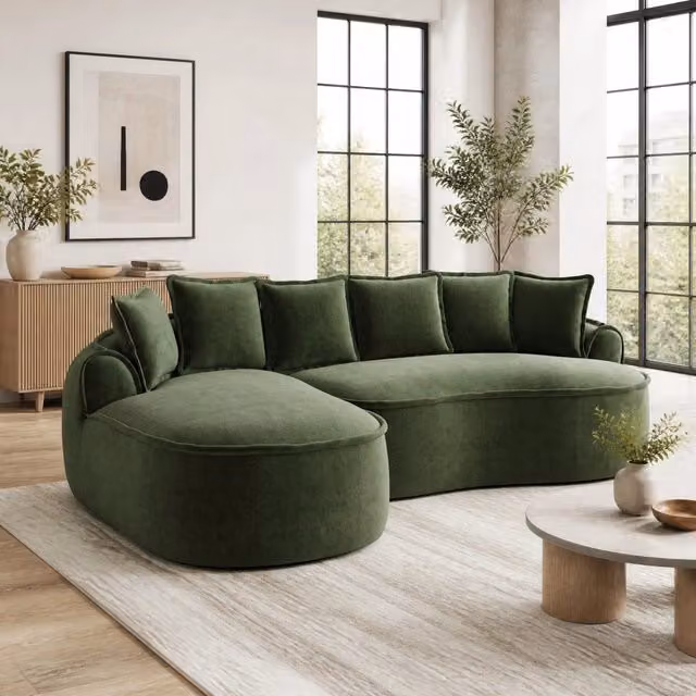 Divano modulare senza struttura in ciniglia verde con chaise longue; trasformabile in divano letto
