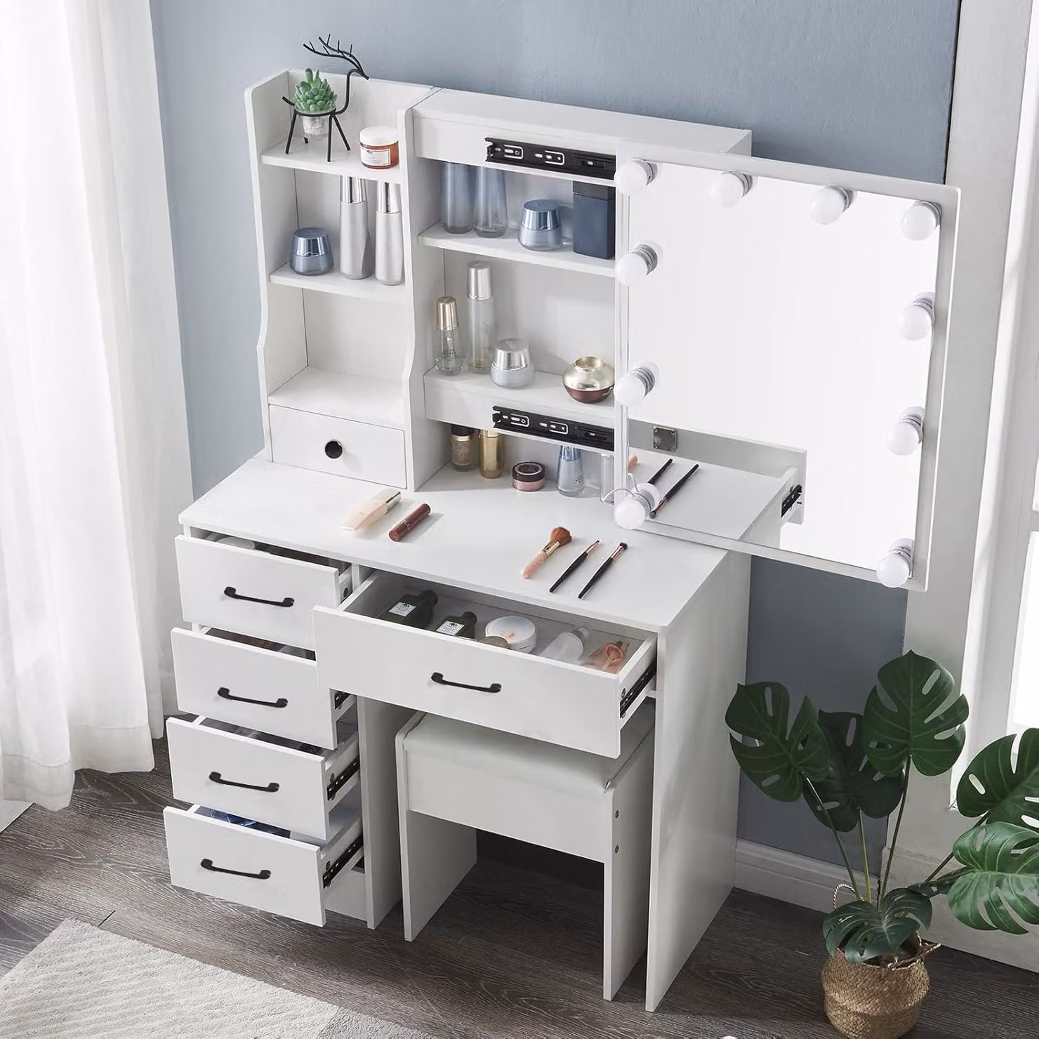 Comò da trucco con illuminazione a LED e sgabello, tavolino da trucco con specchio, 3 temperature di colore, 5 cassetti, 4 ripiani, realizzato in MDF