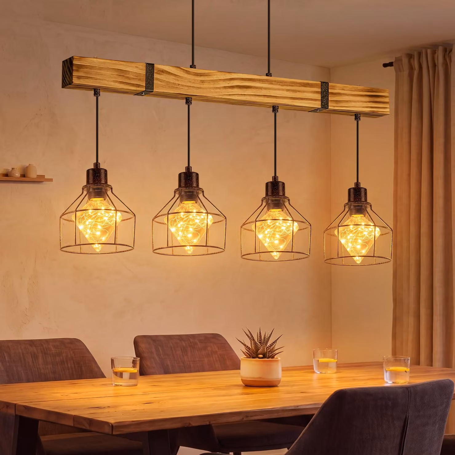 Lampada a sospensione ZMH, 4 luci, stile retrò, ideale per tavoli da pranzo, realizzata in legno, lampada a sospensione per tavoli da pranzo, attacco E27, stile industriale, lampada a sospensione regolabile in altezza, adatta per sala da pranzo, cucina e
