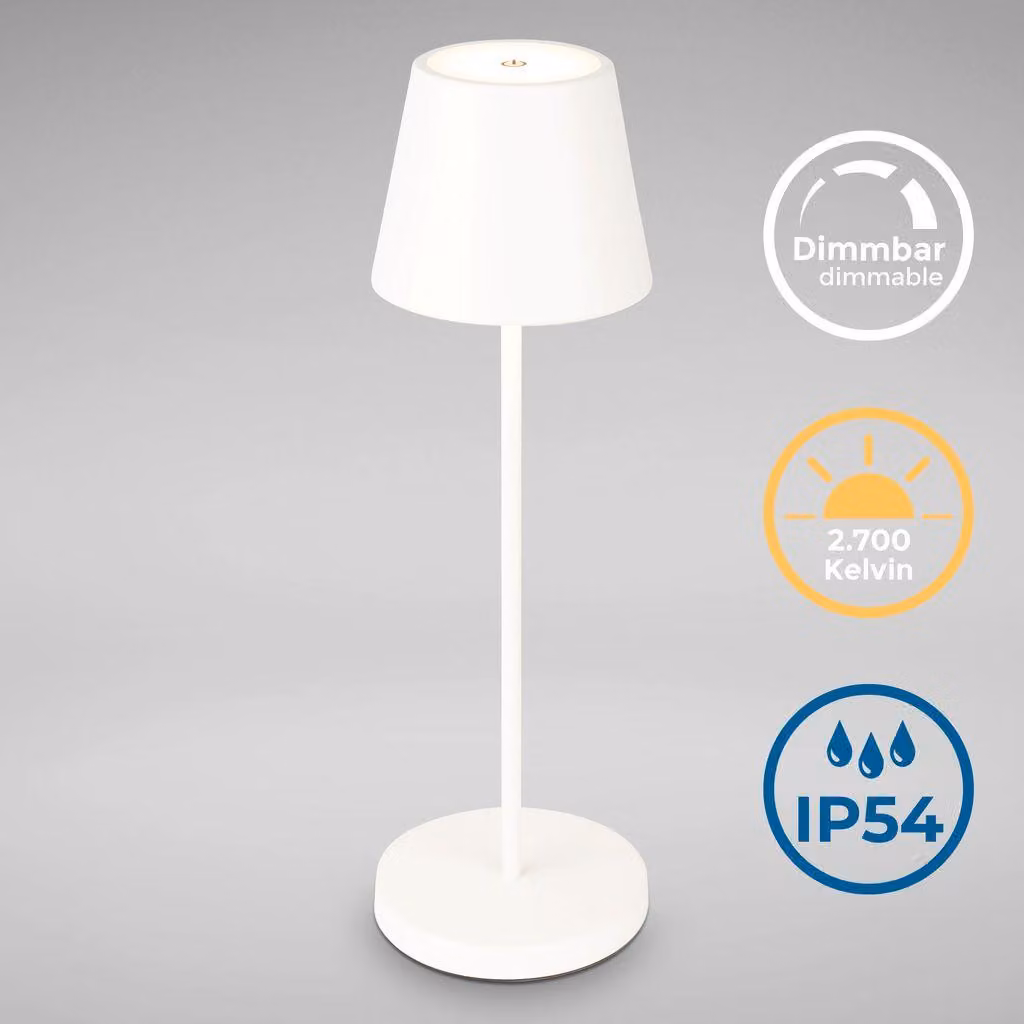 B.K.Licht - Lampada da tavolo ricaricabile dimmerabile senza fili, lampada da tavolo dimmerabile per interni ed esterni con IP54, luce bianca calda, funzione touch, cavo USB-C da 2 m, bianco.