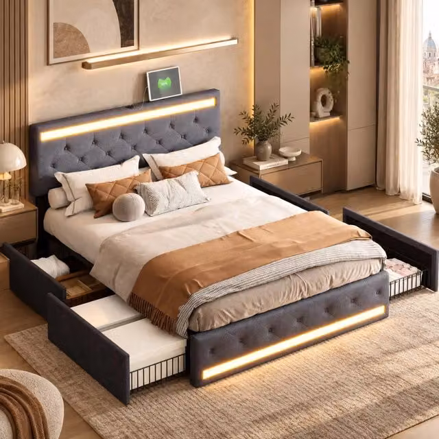 Letto imbottito 160x200cm con Contenitore;letto matrimoniale con 4 cassetticon;LED e USB; letto con testiera regolabile in altezza;Lino Grigio Scuro