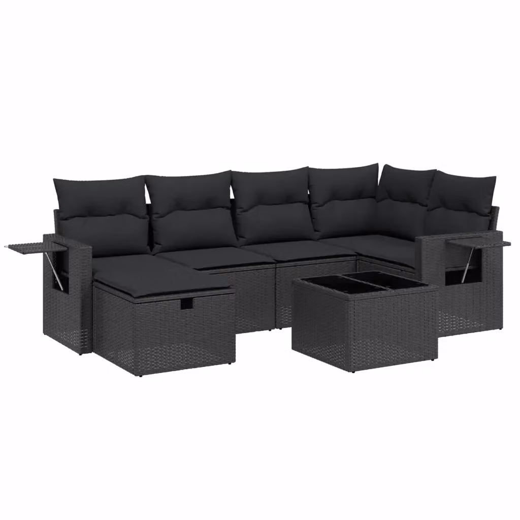 Set Divani da Giardino vidaXL a Forma di L con 7 Pezzi, Colore Nero, con Cuscini e Tavolino da Esterno – 2