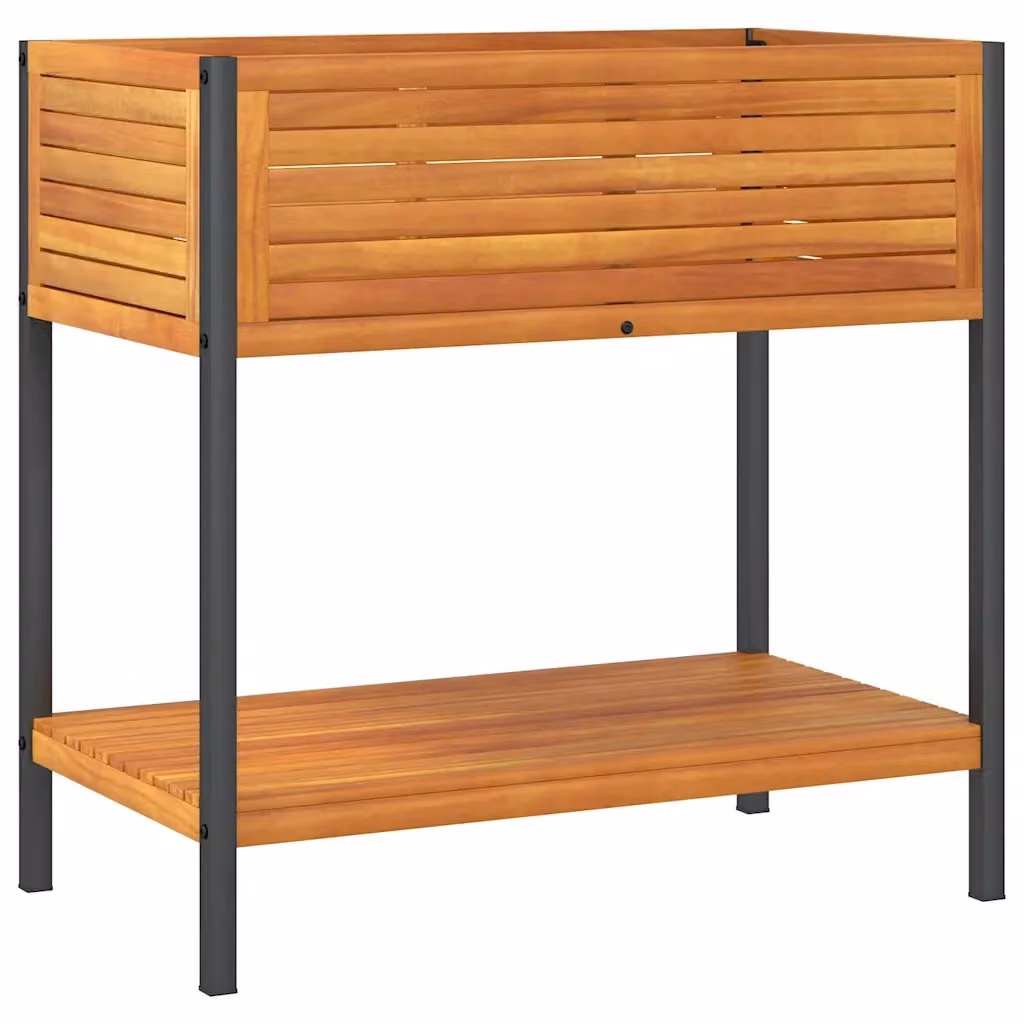 Fioriera con Ripiano vidaXL in Legno di Acacia e Acciaio, Marrone, L 80 x P 45 x H 80 cm – 2