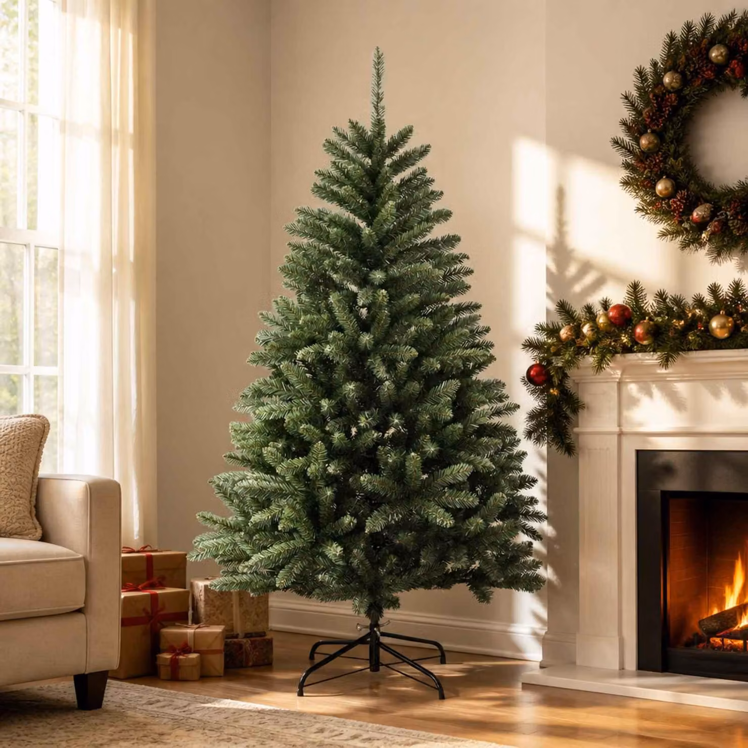 Albero di Natale artificiale pieghevole, altezza 180 cm, colore verde medio, realizzato in PVC