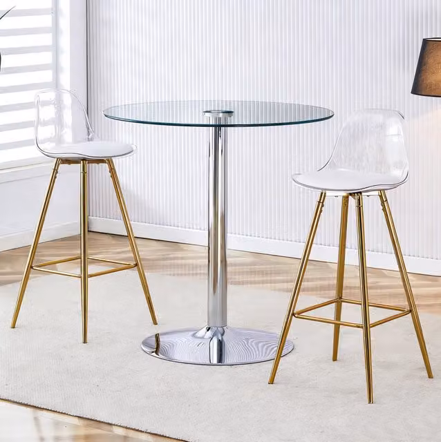 Set bar con tavolo rotondo in vetro ? 89 cm e 2 sgabelli trasparenti con gambe oro