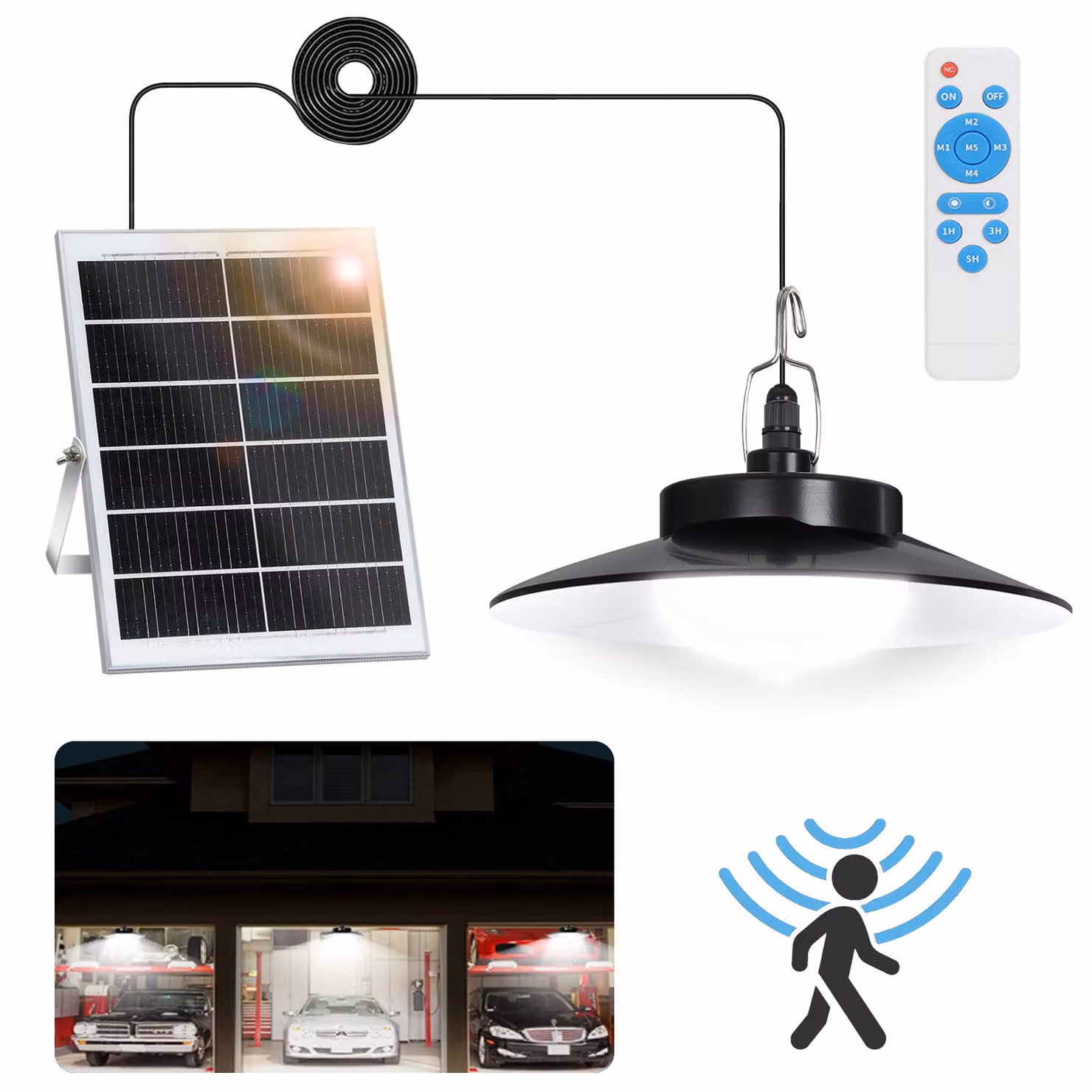 Lampada solare a LED con sensore di movimento, lampada a sospensione bianco freddo IP65, lampada da giardino dimmerabile con timer e 5 modalità, ideale per balconi e gazebo (1 lampada)